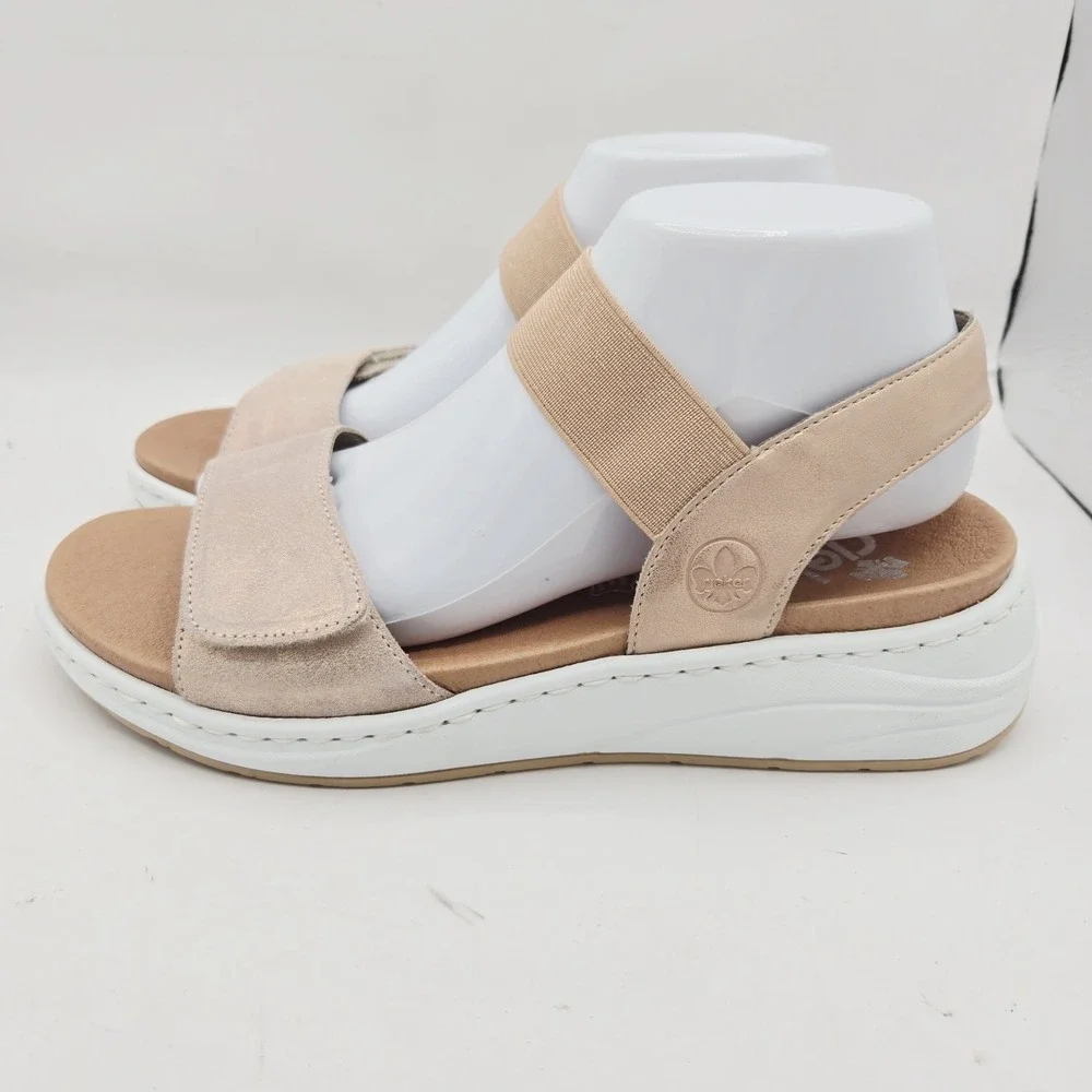 Rieker sandals size 10.5 rose gold small wedge elastic and hook and loop closure